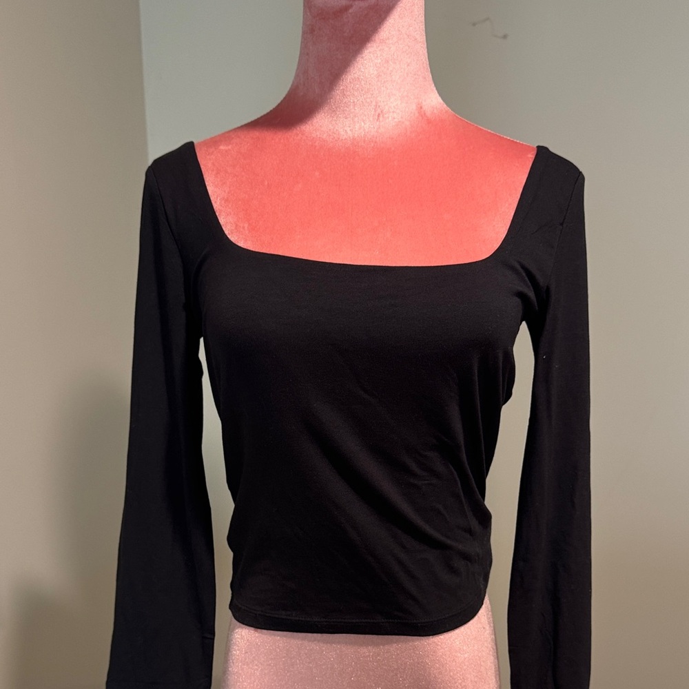 Bershka Black Square-Neck Long Sleeve Top